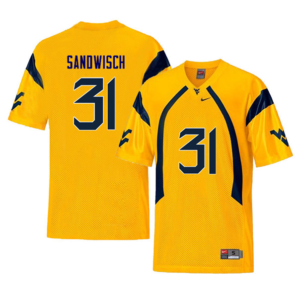 Men #31 Zach Sandwisch West Virginia Mountaineers Retro College Football Jerseys Sale-Yellow - Click Image to Close
